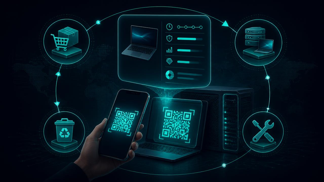 Infografika CRM systému a QR sledování životního cyklu IT zařízení